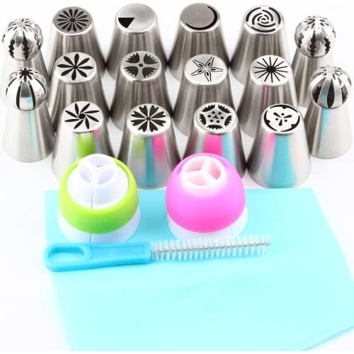 16Pcs Russian Icing Piping Nozzles Flower Tips Pastry Stainless Steel And 2Pcs Coupler 1Pcs Bag 1Pcs Brush Kitchen Accessories
