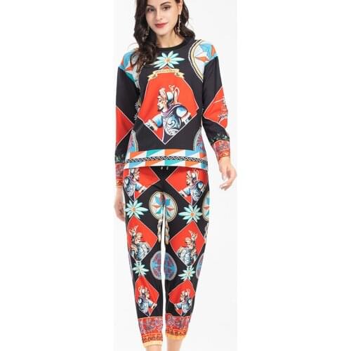2021 Autumn Casual Set Fashion Design Vintage Warrior Printed Long Sleeve Pullover Top+Pants Sicily Style Suit