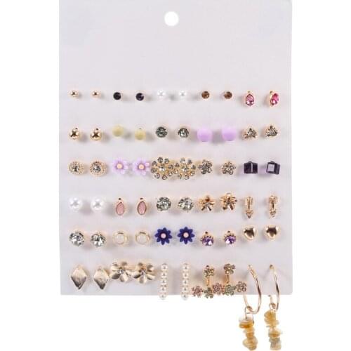 30 Pairs/set Silver color Alloy Crystal Rhinestone Earrings For Women Cute Metal Resin Flower Stud Earrings Set earrings rings