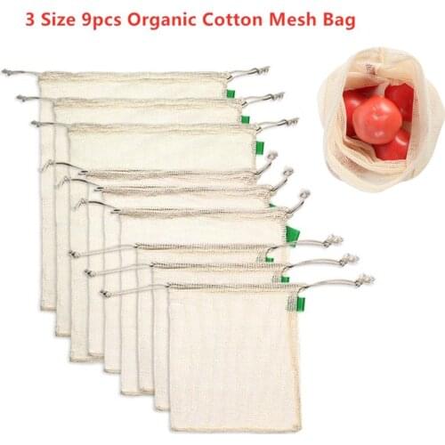 9pcs/set Premium Organic Cotton Mesh Produce Bags Reusable Washable Storage Drawstring Bag for Shopping Grocery Fruit Vegetable