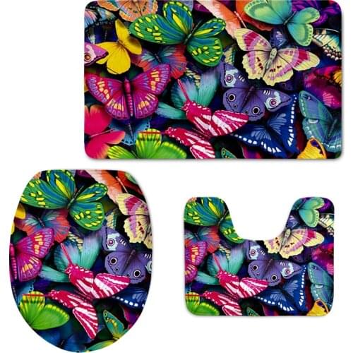 3D Color Butterfly Print Fashion Design Toilet Lid Cover Carpets Rug Set Blanket Rainbow Toilet Cover Seat Protect Bathroom Mats