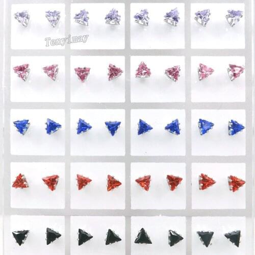 Zircon Earrings Wholesale 36 Pairs/lot 9 Color 5mm Triangle Earring Studs Fashion Women Jewelry