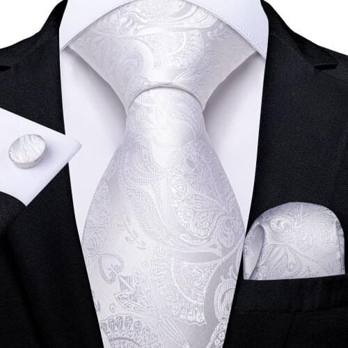 DiBanGu Men Necktie White Paisley Design Silk Wedding Tie For Men Tie Hanky Cufflink Tie Set Business Party Dropshipping MJ-0393