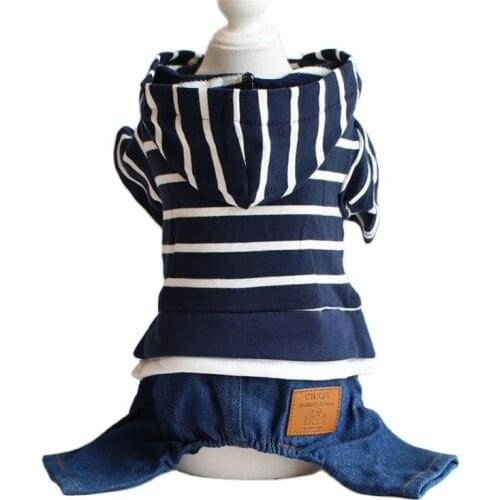 Pet Dog Denim Striped Jumpsuit Hoodie Jean Pet Puppy Coat Jacket Spring/Summer Clothes Apparel 2 Colours