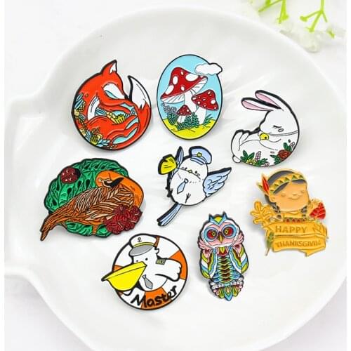 Lovely Animal Enamel Pin Bird Seagull Parrot Forest Fox rabbit Owl Mushroom Brooches Lapel Badges Brooch Jewelry Gift for Friend