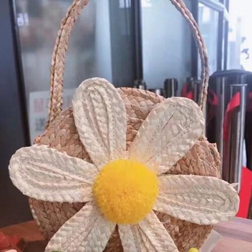 GXMA Cute Flower Woven Kids Shoulder Bag Straw Handbag Crossbody Purse Rattan Woven