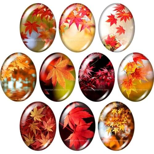Beauty Maple leaf Flowers sunflowers 13x18mm/18x25mm/30x40mm mixed Oval photo glass cabochon demo flat back Jewelry findings