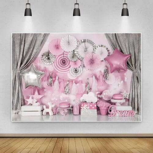 Laeacco Pink Theme Star Balloon Paper Umbrella Macaron Gift One Birthday Party Backdrop For Photography Backgrounds Photo Studio