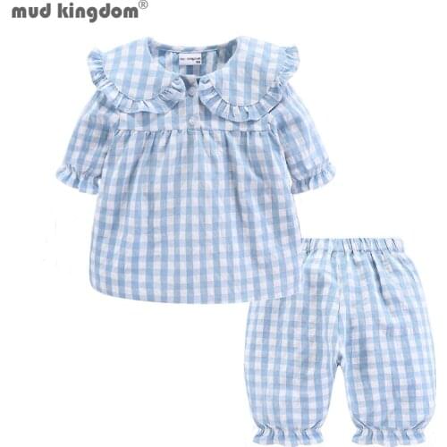 Mudkingdom Summer Pajamas for Girls Plaid PJS Cute Jammies Set Big Girl Peter Pan Collar Toddler Homewear Kids Sleepwear
