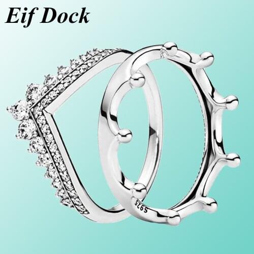 Trendy Sparkling Silver Color Crown Finger Ring Classic Stackable Princess CZ Zircon Ring For Women Engagement Promise Gift