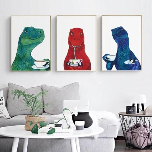 Wall Art Canvas Decor Painting Cartoon Funny Dinosaur Drinking Coffee Anime Poster Pictures For Home Design Boys Bedroom Decor
