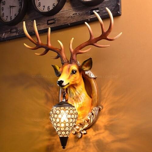 Yellow antler wall lamp deer head crystal wall sconce fireplace wall light in living room bedroom lobby hotel restaurant