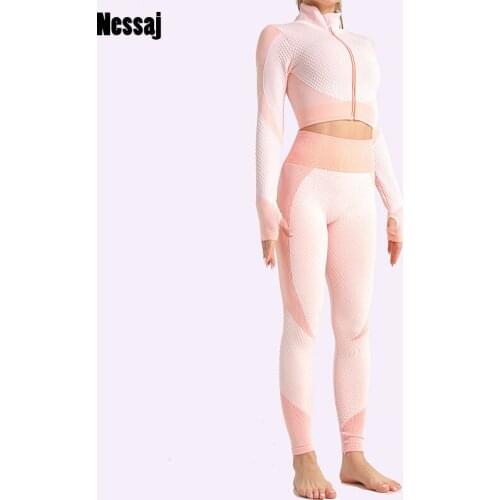 Nessaj Vital Female Sport Suit Sexy Clothing Set Workout Gym Long Sleeve Fitness Slim Tops + High Waist Seamless Energy Leggings