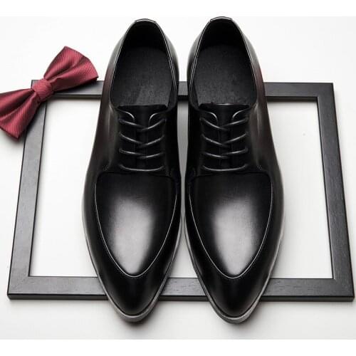 New Trendy High Heeled Shoes Men Lace Up Genuine Leather Pointed Toe Heels Business Man Casual Oxfords Wedding Shoes