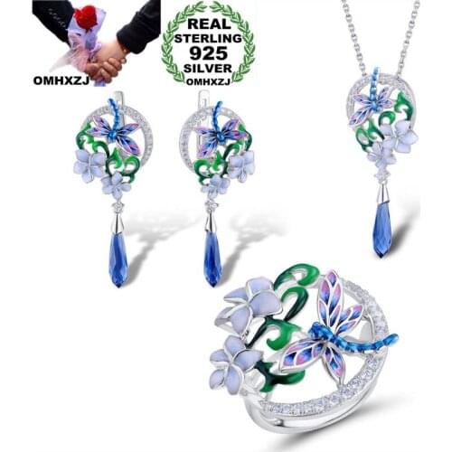 OMHXZJ Wholesale JE40 Fashion Woman Party Birthday Wedding Gift Flower 925 Sterling Silver Necklace+Earrings+Ring Jewelry Set