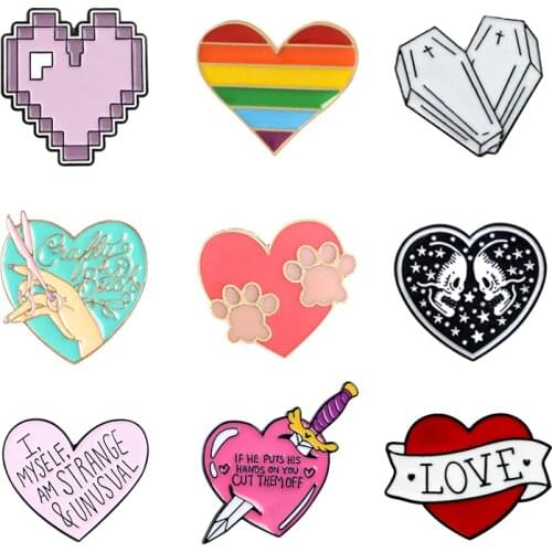 Pixel Love Heart Rainbow Iridescent Color Pins Coffin Symmetric Skeleton Sword Lovers Brooch Gifts Feminism Jewelry Accessories