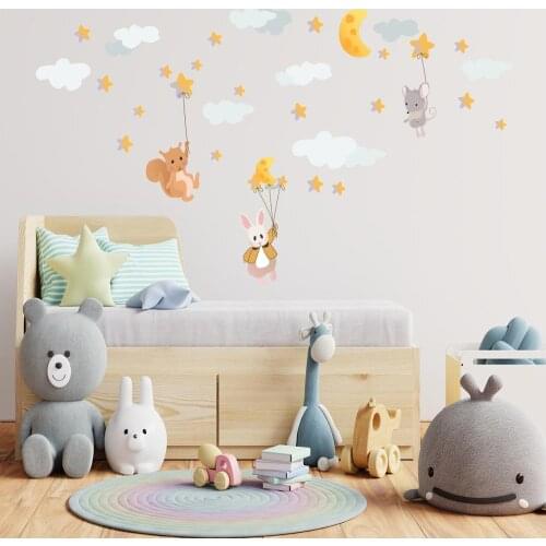Floating Mouse Rabbit Squirrel Wall Sticker for Children room Bedroom Cartoon Clouds Wall Decals Kids Home Decor Murals Posters