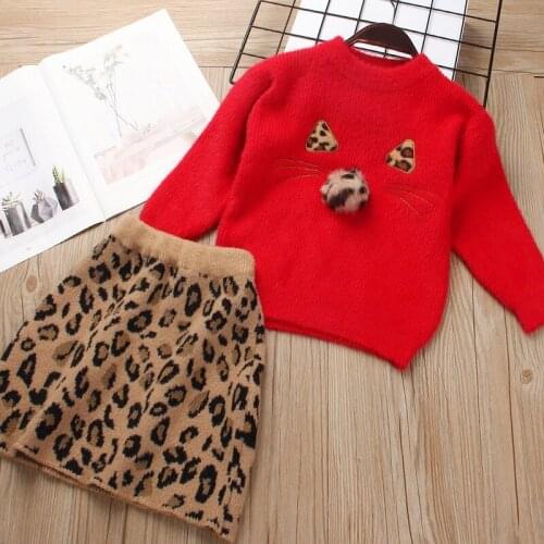 Casual Kids Fashion Girls Winter Clothes Cute Cartoon Cat Sweater + Leopard Print A-line Skirt