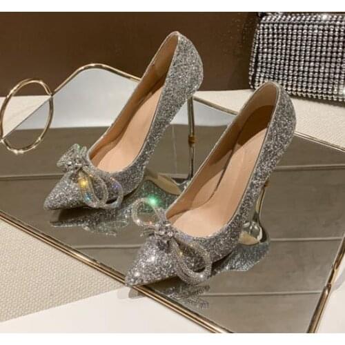 Diamond Temperament Wedding Shoes Women High Heels Sexy Pumps Bow Toe Thin Heel Crystal Sequins Bridesmaid Shoes Single Shoes