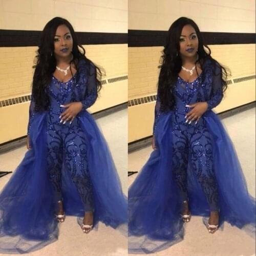 Evening Gowns Jumpsuits Long Sleeves Prom Dresses Detachable Train Lace Applique Luxury African Party Womens Pant Suits