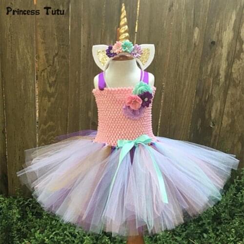 Girls Tutu Dress Fancy Rainbow Princess Pony Unicorn Dress With Headband Christmas Halloween Costume Kids Girl Party Dress 1-14Y