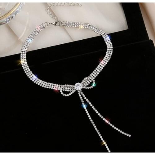 FYUAN Bowknot Crystal Choker Necklaces for Women2020 Long Tassel Rhinestone Necklaces Weddings Jewelry Party Gifts