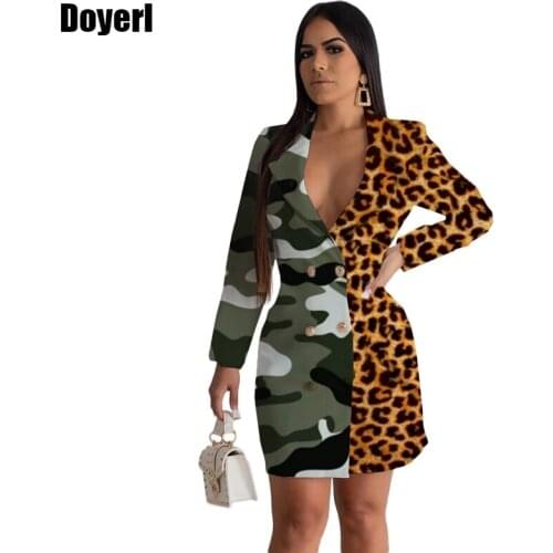Autumn Winter Blazer Dress Women 2021 Long Sleeve Leopard Camouflage Patchwork Elegant Office Dress Button Mini Party Club Dress