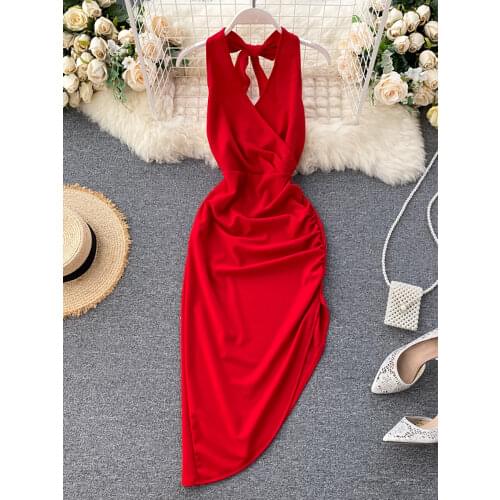 Solid Red/Khaki Sexy Irregular Halter Dress Women Summer Elegant V-neck Sleeveless Open Back Club Party Dress New Fashion 2020