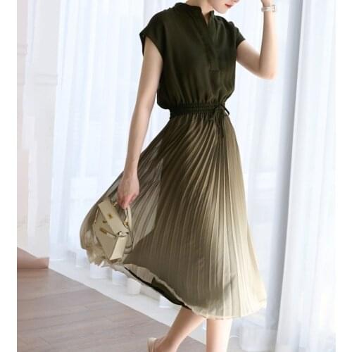 New Pleated Long Dress Women Dress 2021 Summer Short Sleeve Ladies Fashion Pullover OL Commuting Korean Female Clothes 15337