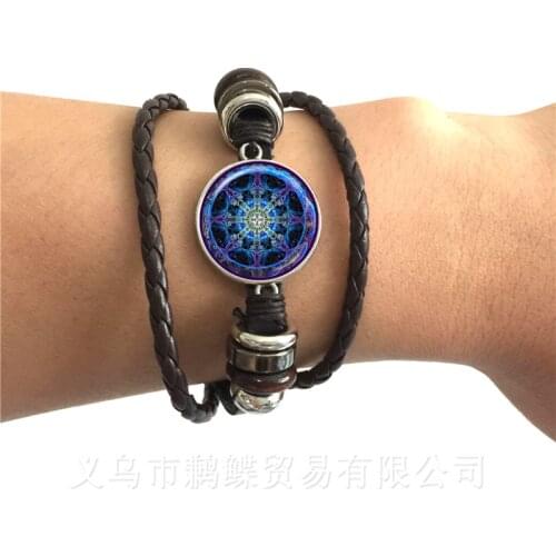 2018 Life Bracelet Fashion OM Yoga Chakra Mandala Glass Jewels Sacred Geometric Purple Flower Black/Brown 2 Color Leather Cords