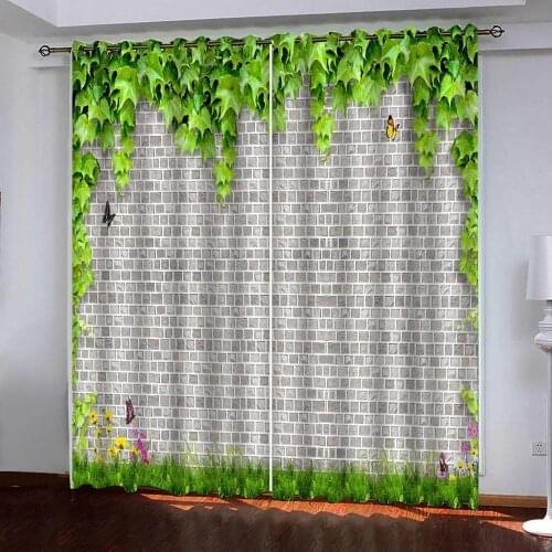 3D Blackout Curtains Green leaves and gray brick wall Bedroom Curtain Modern Office Hotel kitchen Home Wall Decorative