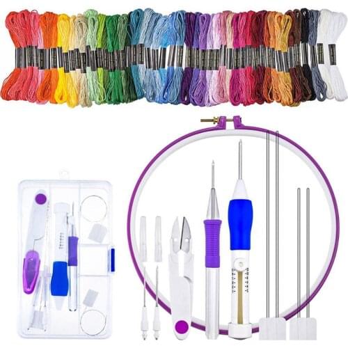 62pcs Embroidery Pen Tool Set Stitching Hoop Punch Needles Threads Kit Cross Stitch Cloth Embroidery Pen Punch Needle