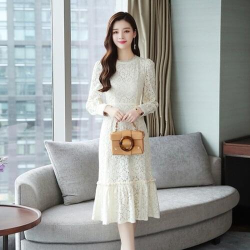 AIYANGA French Romance Retro Dresses Women Casual Lace O-Neck Dresses Long Sleeve Elegant Midi Dresses Lady 2020