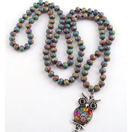 Free Shipping Fashion Long Crystal Glass Knotted Owl Pendant Necklaces For Women Ethnic Necklace