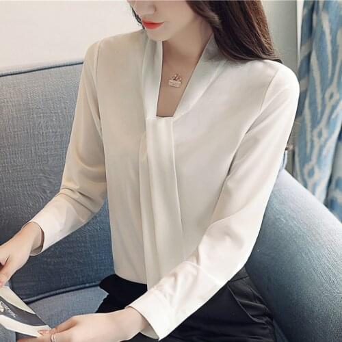 Blouses Woman 2021 Autumn Long Sleeve Women Shirts Bow V-neck Office Ladies Tops Chiffon Blouse Womens Tops And Blouses A639
