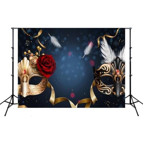 Black And Golden Masks Red Rose Dance Carnival Photography Backdrops Masquerade Party Golden Ribbons Photo Background