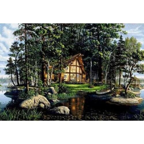 Wooden house by the lake Scenery Embroidery Needlework Crafts 14CT Unprinted DIY Quality Cross Stitch Kits Handmade Arts