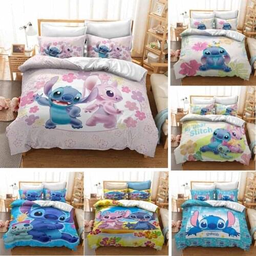 Bedding Set Disney Lilo & Stitch Children 3D Cartoon Quilt Cover Pillowcase Cartoon Printed Pattern Brushed Polyester Soft Gifts