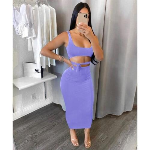 Summer Womens Two-pieces Suits Solid Color Straps Crop Tank Tops and Midi Bodycon Skirts Party Clubwear Office Lady Outfits