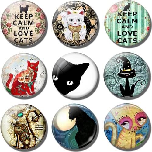 Keep Calm and Love Cats 30MM Fridge Magnet Cartoon Cat Lover Pet Glass Dome Magnetic Refrigerator Sticker Note Holder Home Decor