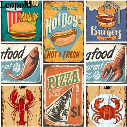 Food Metal Poster Pizza Sausage Plate Lobster Crab Fast Food Plaque Wall Art Restaurant Canteen Home Bar Decoration 20X30Cm
