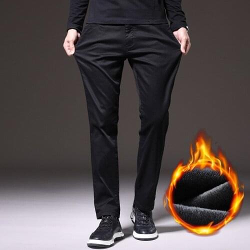 Men Winter Fleece Casual Pants Business Fashion Regular Fit Cotton Stretch Thick Warm Straight Trousers Male Brand 38