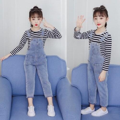 New 2020 Autumn Girls Clothes Sets 2pcs Long Sleeve Striped Tshirt + Denim Suspenders Trousers Kids Outfits Children Clothing