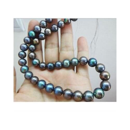 Genuine 9-10mm multicolor tahitian black pearl necklace 18inch 14K clasp