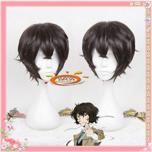 Anime Bungo Stray Dogs Dazai Osamu Wig Heat Resistant Short Brown Curly Hair Cosplay Costume Wigs + Track No. + Wig Cap