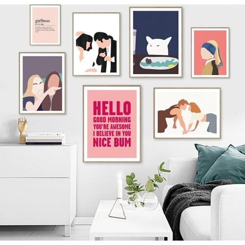 Nordic Abstract Pulp Fiction Dance Wall Art Girlboss Quotes Canvas Painting Smudge Cat Posters Print For Bedroom Decor Pictures