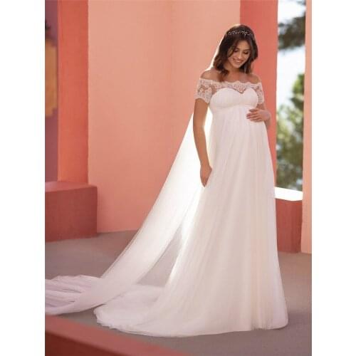 Beach Wedding Dresses For Pregnant Women Boat Neck Short Sleeves Empire A-line Bridal Gowns with Veil Maternity Robe De Mariée
