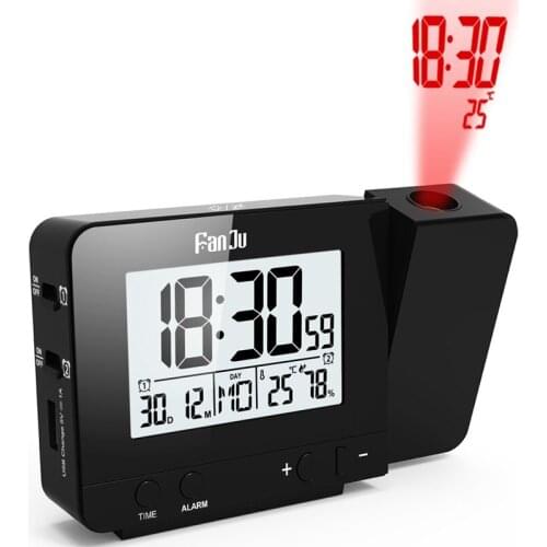 Projection Alarm Clock Date Snooze Function LED Projector Desk Table Thermometer Hygrometer Lazy Clock Time USB Charge Backlight