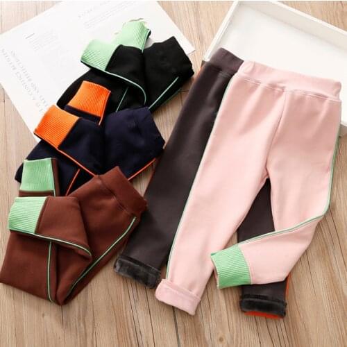 2020 Winter Warm 2 3 4 6 8 10 Years Children Color Patchwork Thickening Plus Velvet Pencil Pants Trousers For Kids Baby Girls