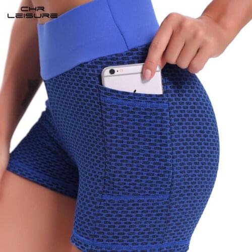 CHRLEISURE Womens Cycling Fitness Sports Running Shorts Summer High Waist Hip Pocket Bubble Honeycomb Shorts Women